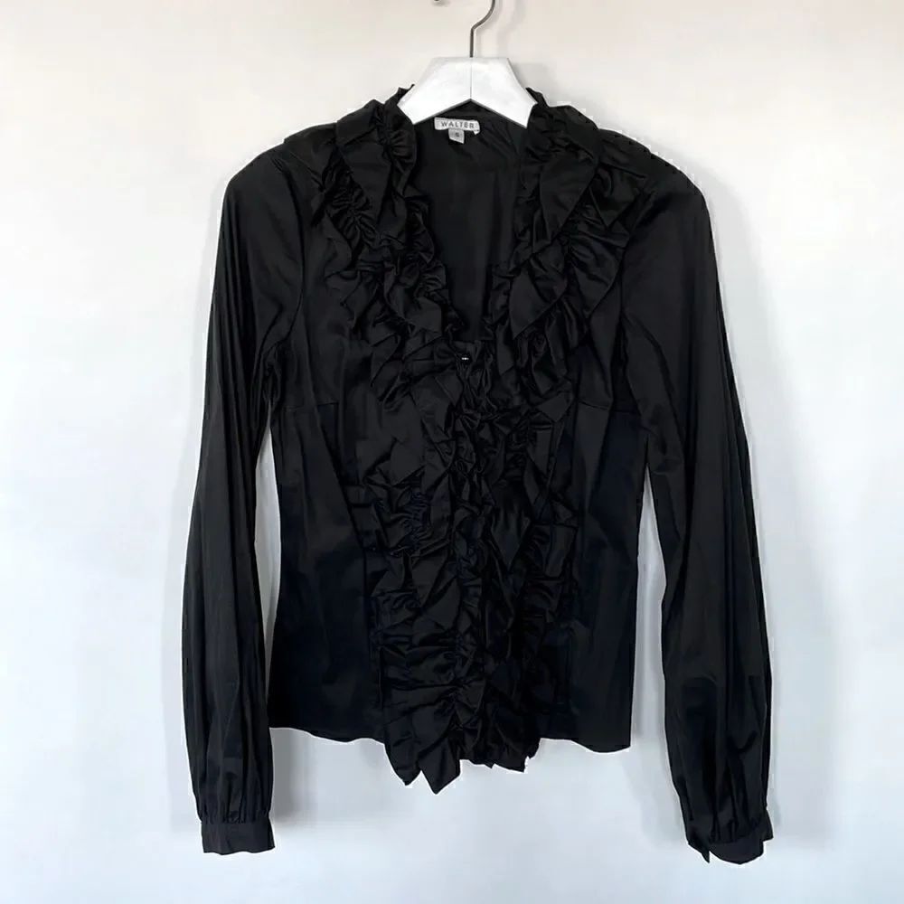 WALTER Stretchy Ruffled Button Down Shirt, S